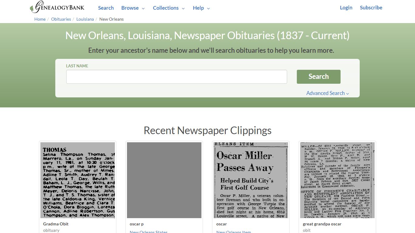 New Orleans, Louisiana Obituary Archive Search | GenealogyBank
